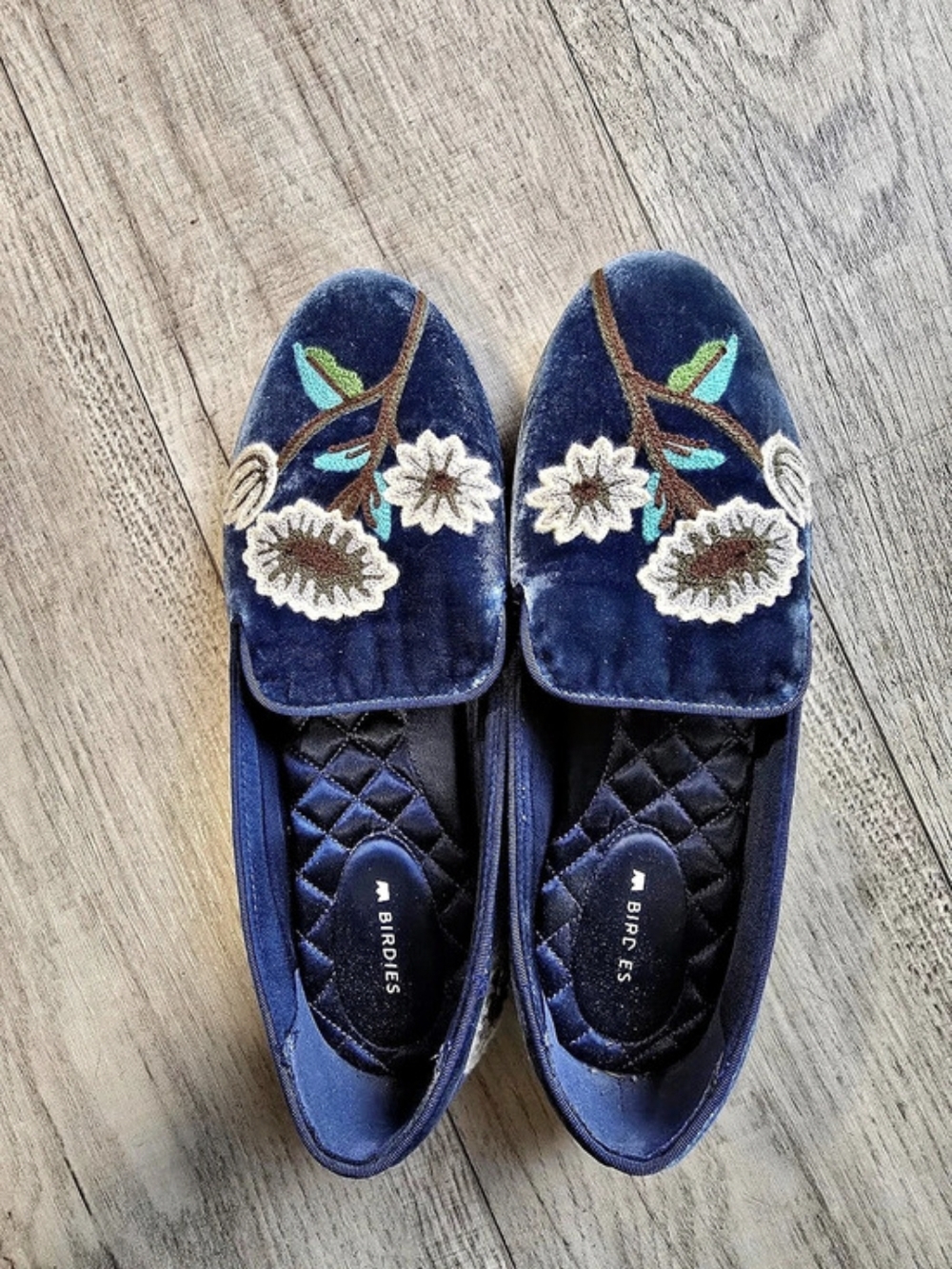Birdies The Starling Velvet Embroidery Floral Flats Blue US 9